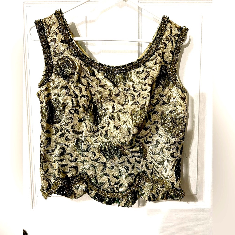 Vintage 1960 green and silver thread brocade beaded ladies evening top.